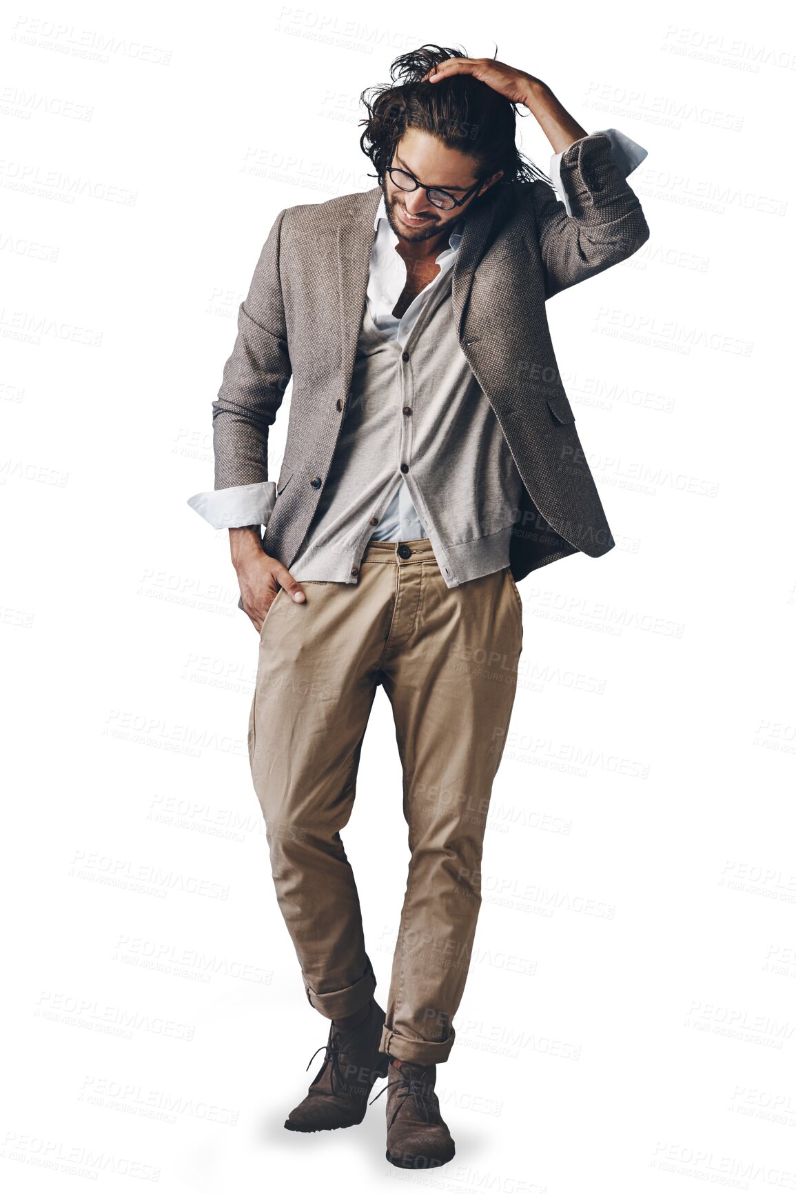 Buy stock photo Style, fashion and man in casual suit for creative business, confident smile and glasses. Relax, happy professional or Indian businessman with trendy clothes isolated on transparent png background.