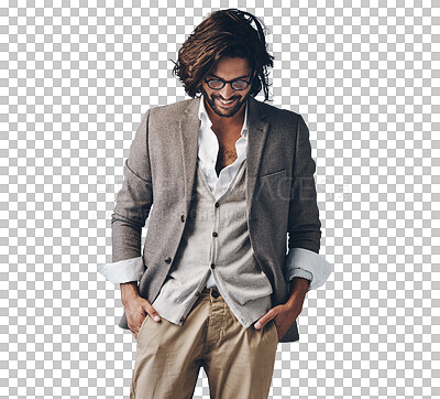 Buy stock photo Happy, fashion and man in casual suit for creative business, young professional with glasses and style. Relax, smile and Indian businessman with trendy clothes isolated on transparent png background.