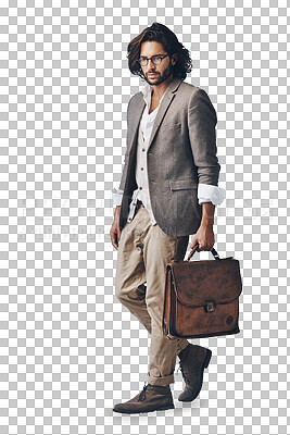 Buy stock photo Isolated man, thinking and fashion with leather bag for vintage style on travel by transparent png background. Person, luggage and retro clothes with vision, ideas and remember with trendy glasses