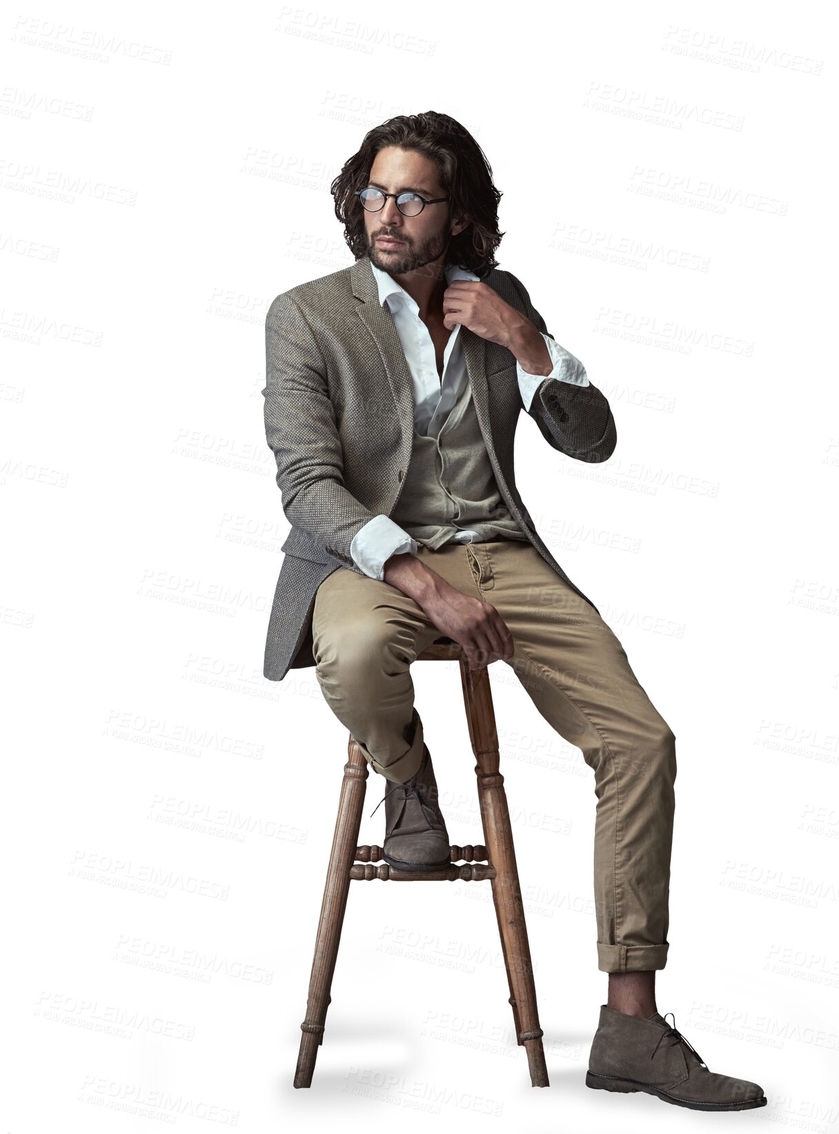 Buy stock photo Isolated man, stool and fashion with suit for idea, vision or memory by transparent png background. Person, hipster or model for choice with thinking, wood chair or glasses in retro clothes in Turkey