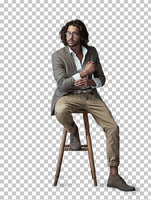 Buy stock photo Fashion, thinking and professional man on chair on isolated, PNG and transparent background. Business style, wondering and person sitting with trendy clothes, stylish outfit and confidence for career