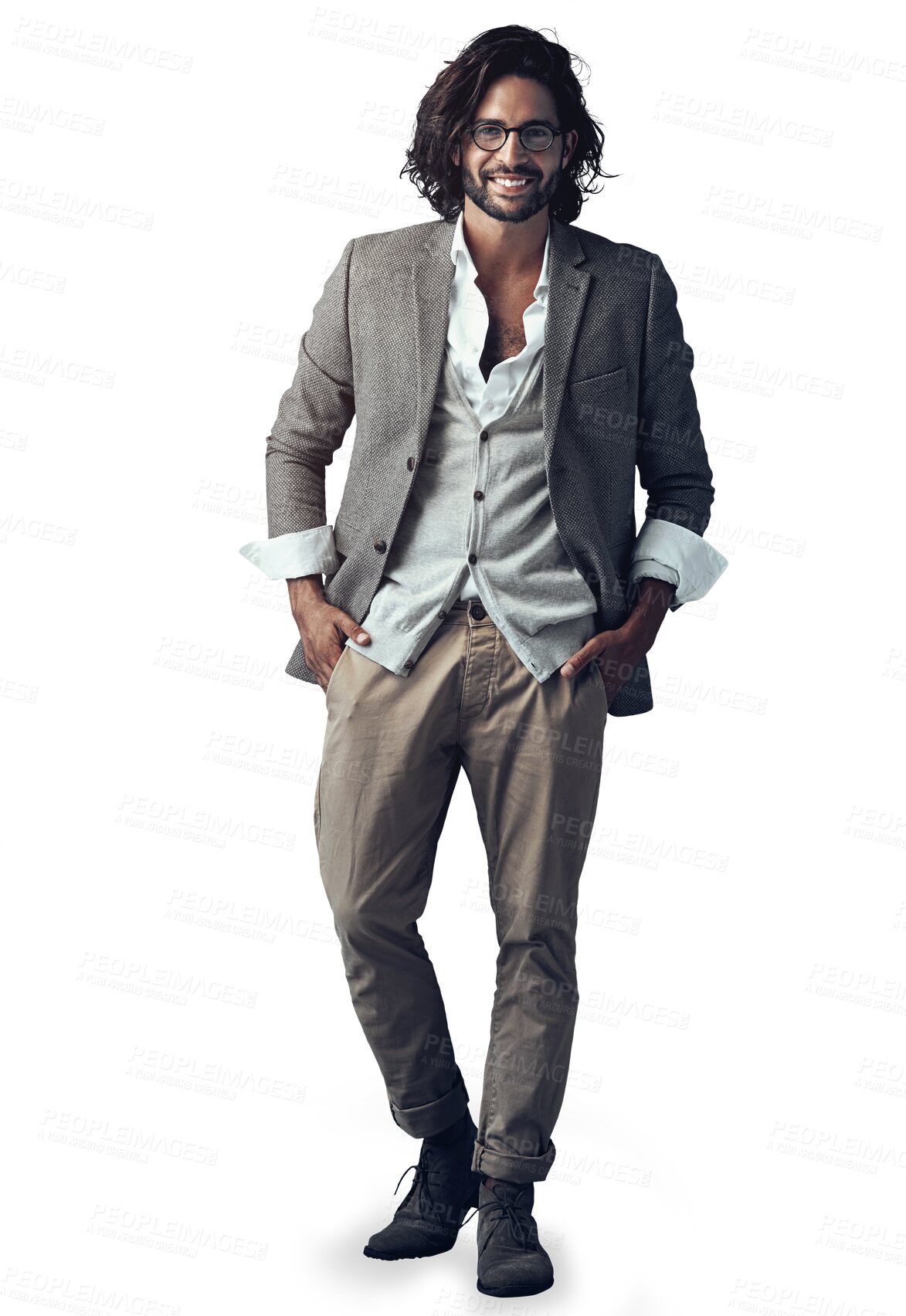 Buy stock photo Portrait, fashion and Indian man in casual suit for creative business, confidence and glasses. Relax, professional style and happy businessman in trendy clothes isolated on transparent png background