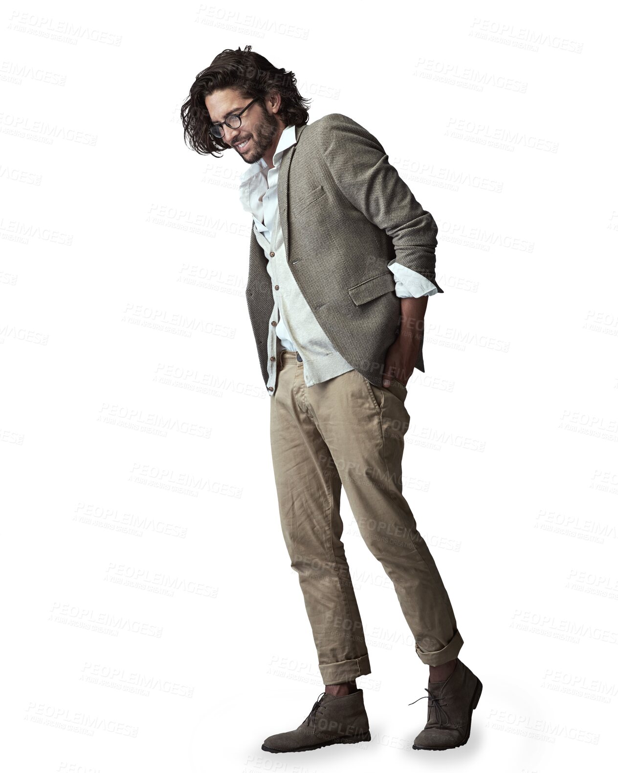 Buy stock photo Man, thinking and fashion with smile in suit for vintage style, memory and isolated by transparent png background. Person, edgy and retro clothes with vision, happy and remember with trendy glasses