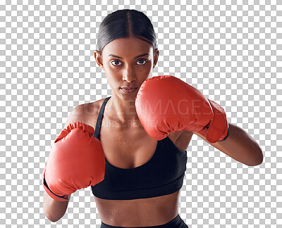 Buy stock photo Boxing, fight and portrait of woman with gloves for sports exercise, strong muscle and mma training. Fitness, boxer workout and serious person for battle on png, isolated and transparent background