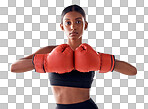 Boxing, hand gloves and portrait of woman in studio for sports exercise, strong muscle or mma training. Indian female boxer, workout and fight for impact, energy and warrior power in battle challenge