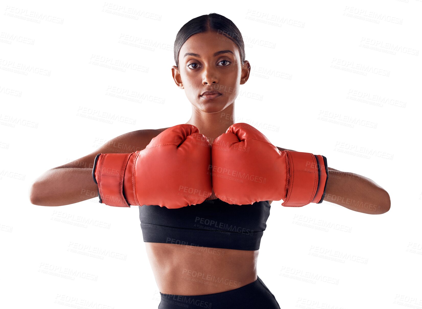 Buy stock photo Boxing, sports and portrait of woman with gloves for exercise, strong muscles and mma training. Fitness, boxer workout and serious person for challenge on png, isolated and transparent background