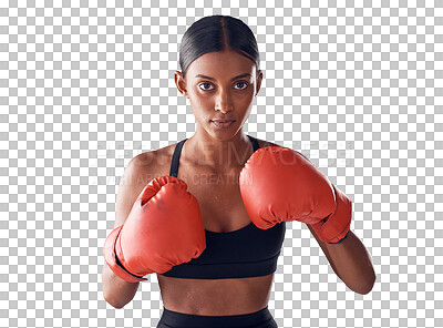 Buy stock photo Boxing, fitness and portrait of woman with gloves for exercise, strong muscles or mma training. Fitness, boxer workout and face of person for fighting on png, isolated and transparent background