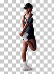 Fitness, health and studio woman stretching for cardio exercise running, marathon training or body healthcare goals. Performance workout, back view and athlete warm up isolated on grey background