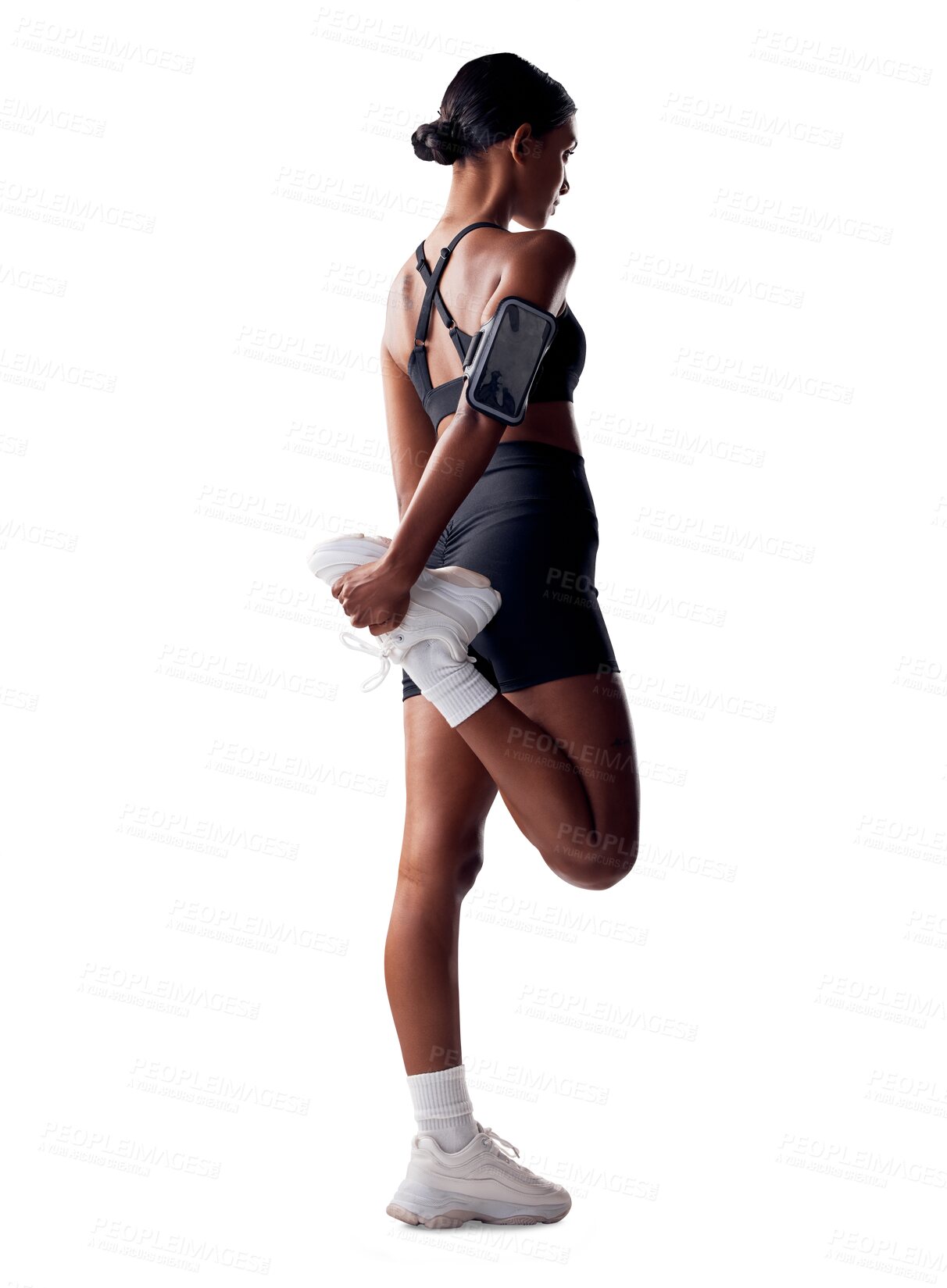 Buy stock photo Fitness, health and woman stretching for exercise, wellness and body training with phone. Performance, workout and muscle warm up with girl athlete from back isolated on transparent png background.