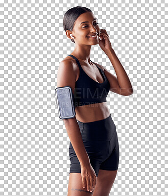Buy stock photo Fitness, music and woman with phone for app, exercise and wellness for body training with smile. Streaming, mobile and workout with happy girl athlete listening isolated on transparent png background