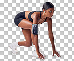 Start, race or running with a sports woman in studio, ready for