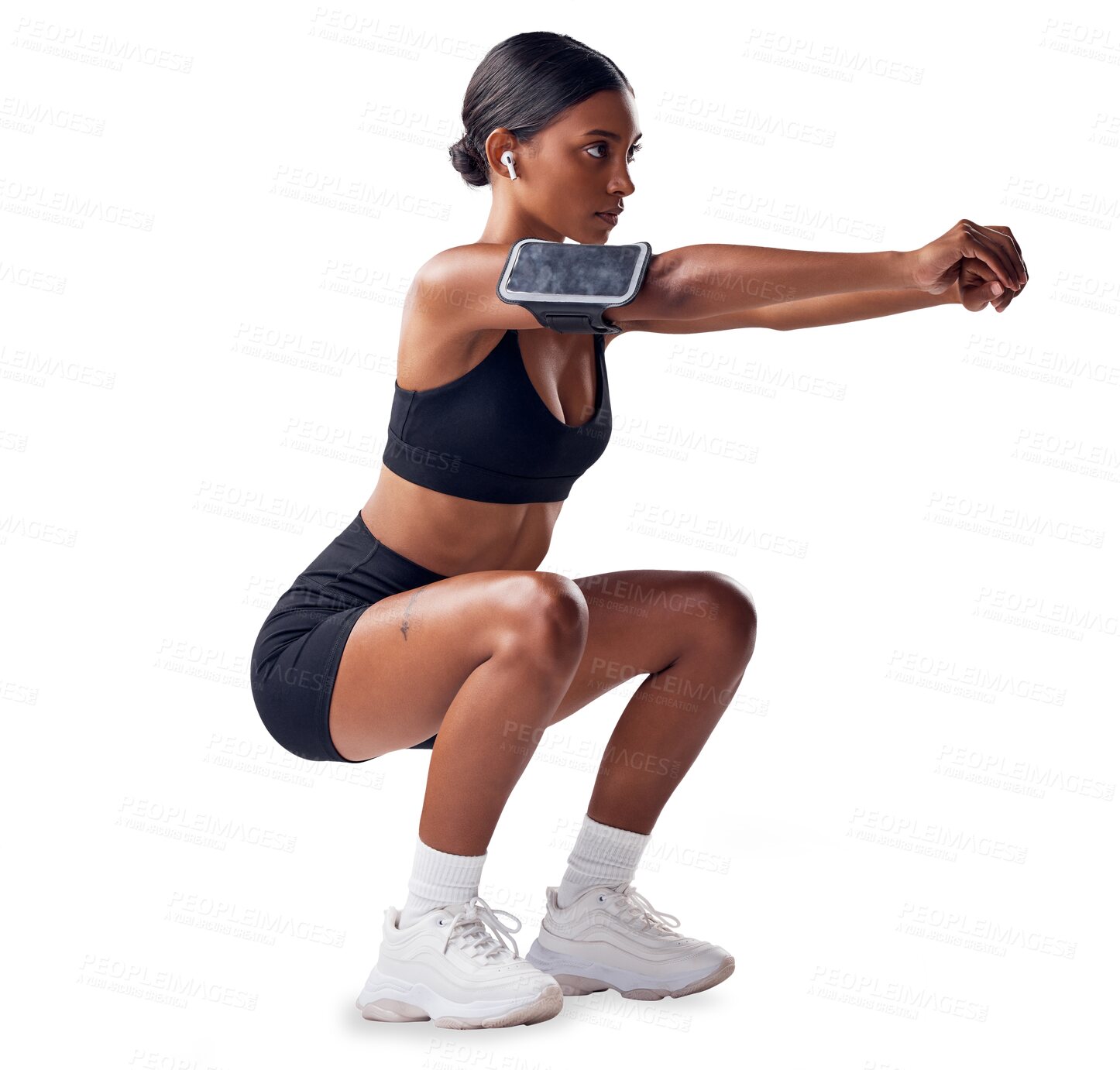 Buy stock photo Fitness, squat and woman with phone, earphones and exercise for wellness in body training. Performance, workout and muscle warm up with mobile app, girl and isolated on transparent png background.