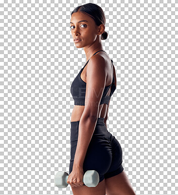 Buy stock photo Weights, fitness and portrait of Indian woman for training, exercise and bodybuilder workout. Sports, athlete and serious person with equipment for wellness on isolated, png or transparent background