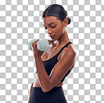 Black woman, dumbbells training and studio for muscle development, wellness and self care with focus. Gen z bodybuilder girl, exercise and strong healthy body with gym equipment by gray background