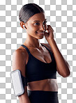 Studio, fitness and woman with music in exercise, wellness or advertising on grey background space. Workout, mockup and girl relax with podcast, audio or track for motivation while training isolated