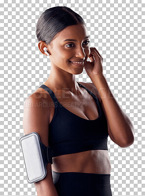 Buy stock photo Fitness, earphones and woman with phone for music, exercise and wellness for body training with smile. Streaming, listening and workout with happy girl athlete isolated on transparent png background.