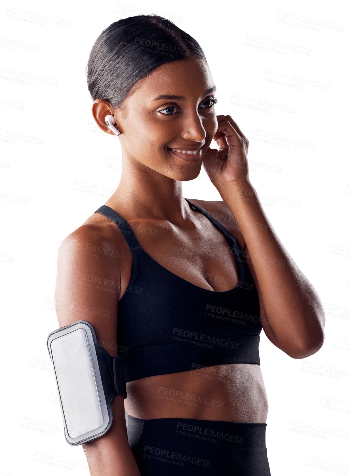 Buy stock photo Fitness, earphones and woman with phone for music, exercise and wellness for body training with smile. Streaming, listening and workout with happy girl athlete isolated on transparent png background.