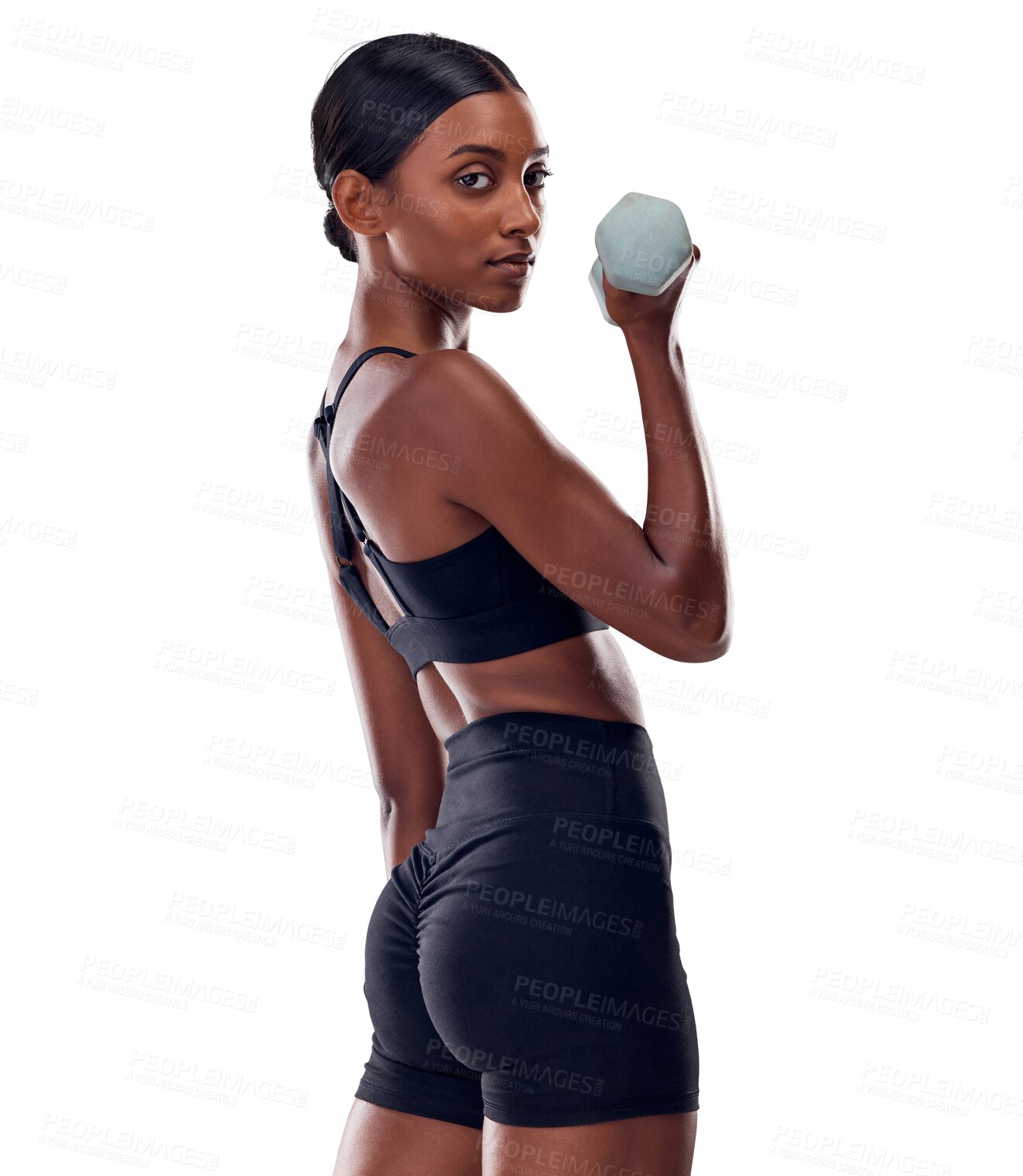 Buy stock photo Dumbbells, fitness and portrait of Indian woman for training, exercise and bodybuilder workout. Sports, weights and person with equipment for wellness on isolated, png or transparent background
