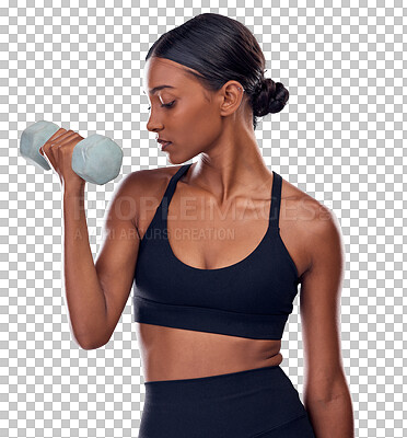 Buy stock photo Weights, exercise and portrait of Indian woman for training, fitness and bodybuilder workout. Sports, athlete and serious person with dumbbells for wellness on isolated, png or transparent background