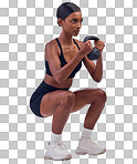 Woman, kettlebell squats and exercise in studio for fitness, sports workout and focus wellness mindset. Strong female, bodybuilder or weights training for muscle power, energy or health on background