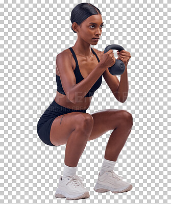 Buy stock photo Kettlebell, fitness and Indian woman squat for training, exercise and bodybuilder workout. Sports, serious and person with gym equipment for wellness on isolated, png or transparent background