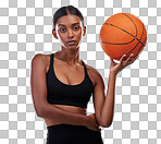 Basketball portrait, sports and studio woman ready for workout challenge, practice game or fitness competition. Performance training, health exercise and athlet model isolated on gradient background