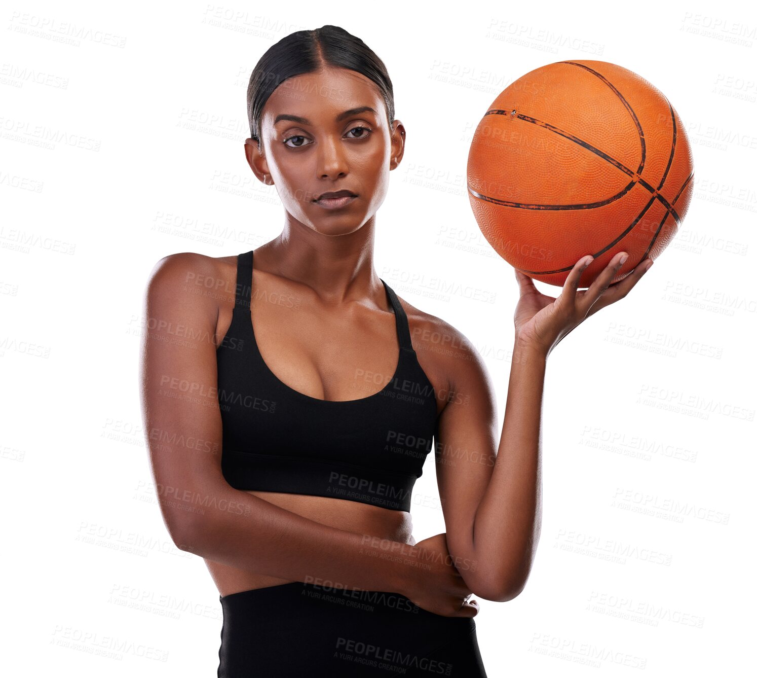 Buy stock photo Fitness, basketball and serious portrait of woman with exercise, game and body training. Performance, workout and sports, girl athlete with ball and confidence isolated on transparent png background.