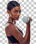 Woman, portrait and bicep with dumbbell in studio for strong body, action and focus exercise. Indian female, bodybuilder and weights of fitness, power training and muscle energy for sports workout 