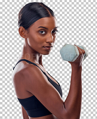 Buy stock photo Weights, sports and portrait of Indian woman for training, exercise and bodybuilder workout. Fitness, athlete and serious person with equipment for wellness on isolated, png or transparent background