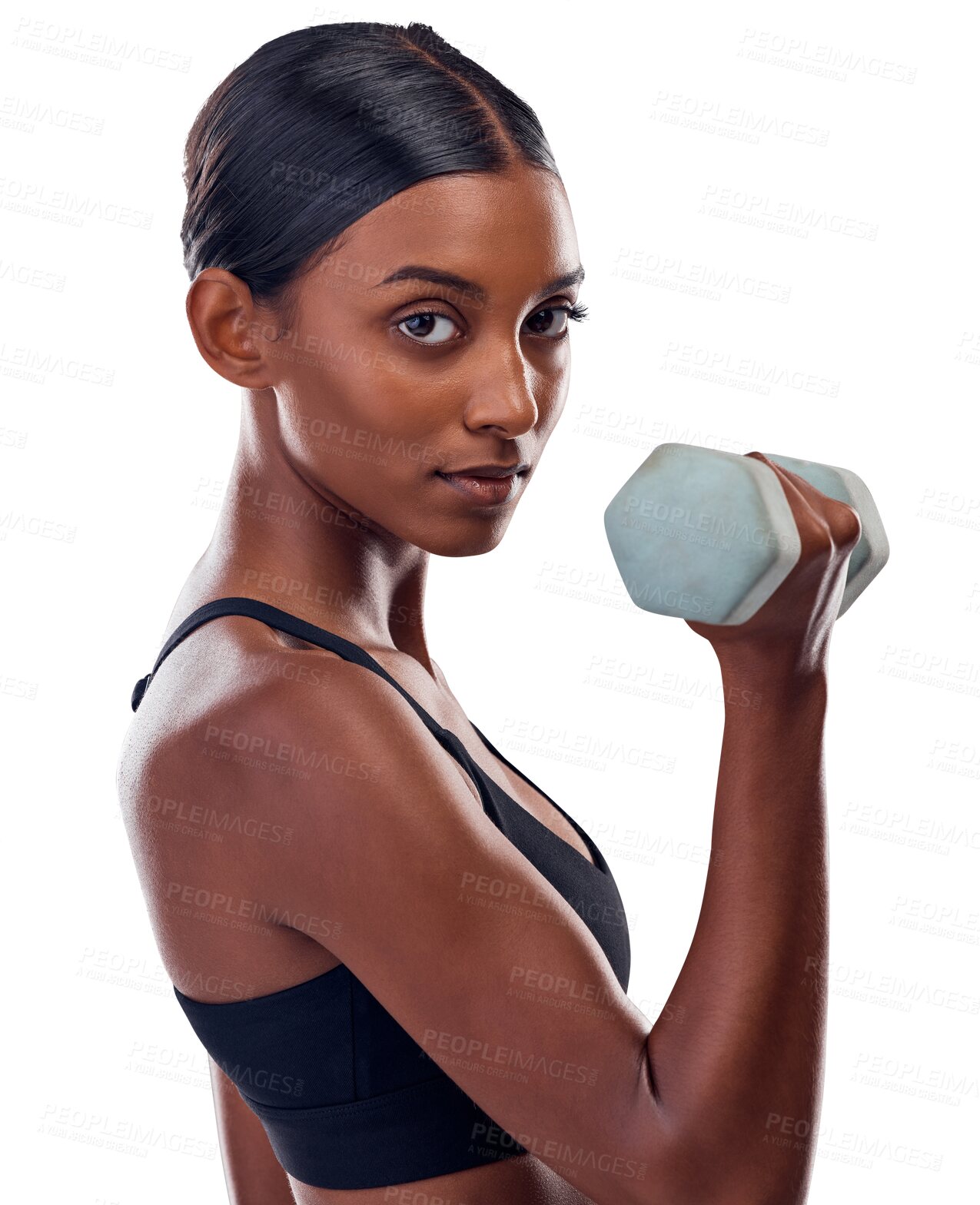Buy stock photo Weights, sports and portrait of Indian woman for training, exercise and bodybuilder workout. Fitness, athlete and serious person with equipment for wellness on isolated, png or transparent background