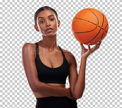 Buy stock photo Fitness, portrait and woman with basketball for exercise, wellness and body training. Performance, workout and sports, girl athlete with ball and confidence isolated on transparent png background.