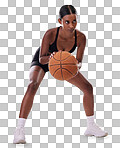 Fitness, basketball player or black woman isolated on gradient background in action, challenge and body workout. Indian person or young model in studio training, exercise and ball with focus mindset