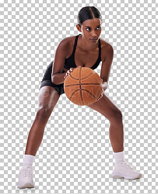 Buy stock photo Fitness, basketball and woman with exercise, bounce and training for competition game. Performance, workout and sports, girl athlete with ball and confidence isolated on transparent png background.