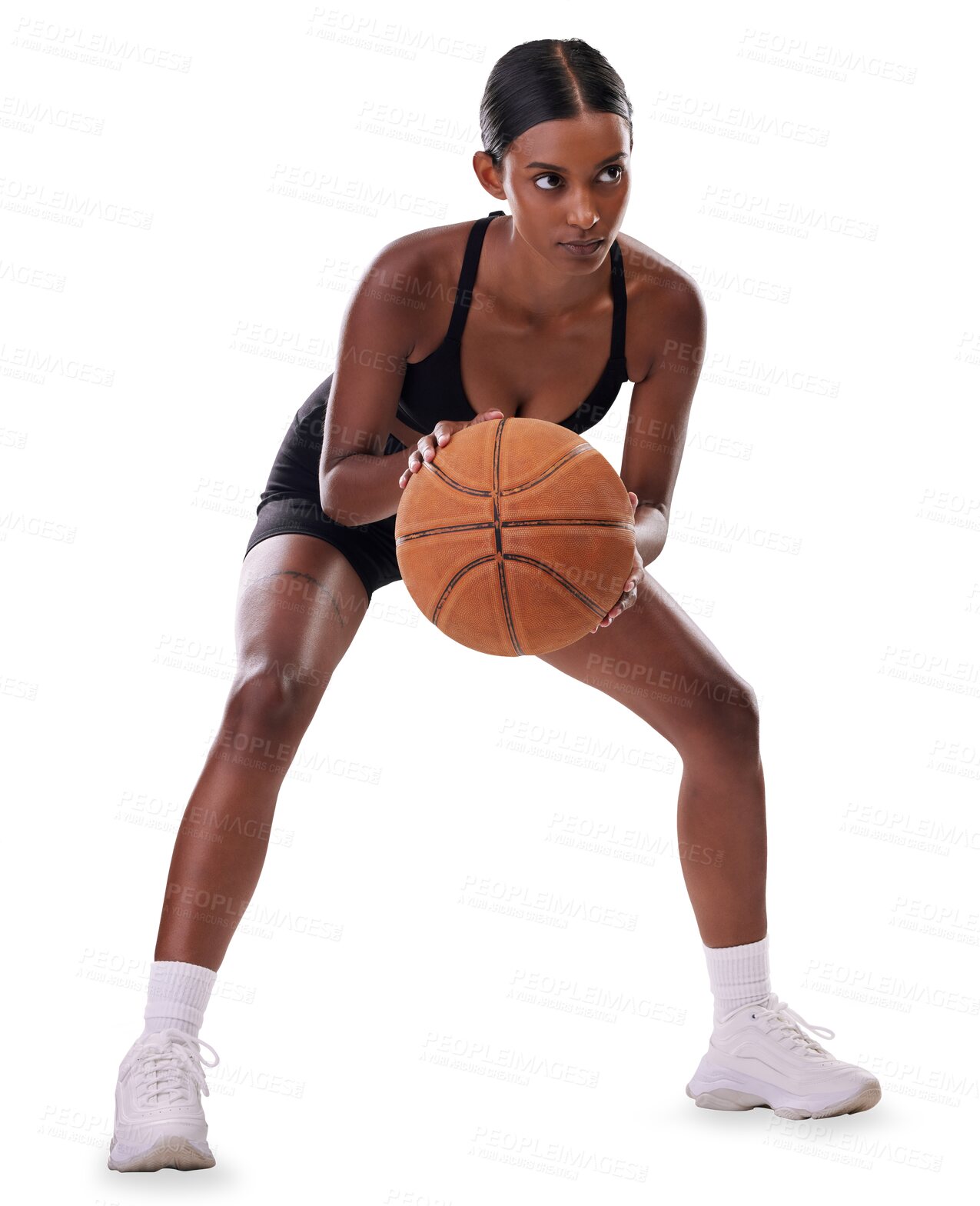 Buy stock photo Fitness, basketball and woman with exercise, bounce and training for competition game. Performance, workout and sports, girl athlete with ball and confidence isolated on transparent png background.