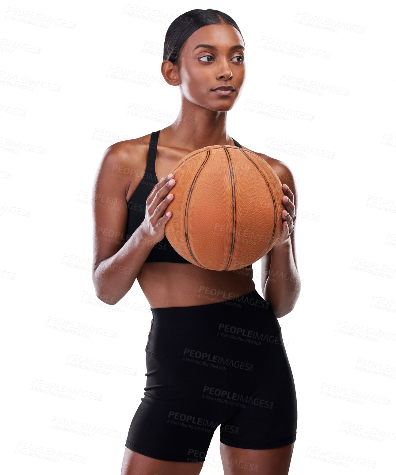 Buy stock photo Fitness, basketball and woman with exercise, game and training for competition match. Performance, workout and sports, girl athlete with ball and confidence isolated on transparent png background.
