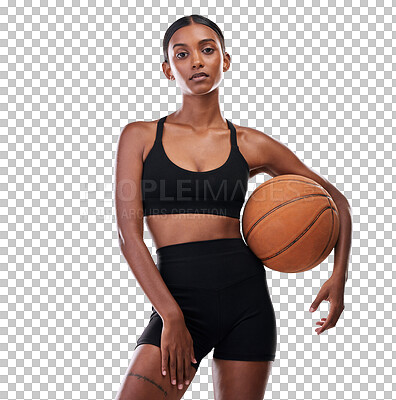 Buy stock photo Woman, basketball for sports in portrait and fitness with workout and body on png transparent background. Exercise, training for game or competition for health, wellness and confident Indian athlete