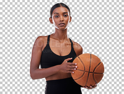 Buy stock photo Woman, basketball for sports in portrait and exercise with workout and body on png transparent background. Fitness, training for game or competition for health, wellness and confident Indian athlete