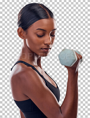 Buy stock photo Weights, fitness and face of Indian woman for training, exercise and bodybuilder workout. Sports, athlete and serious person with equipment for wellness on isolated, png or transparent background