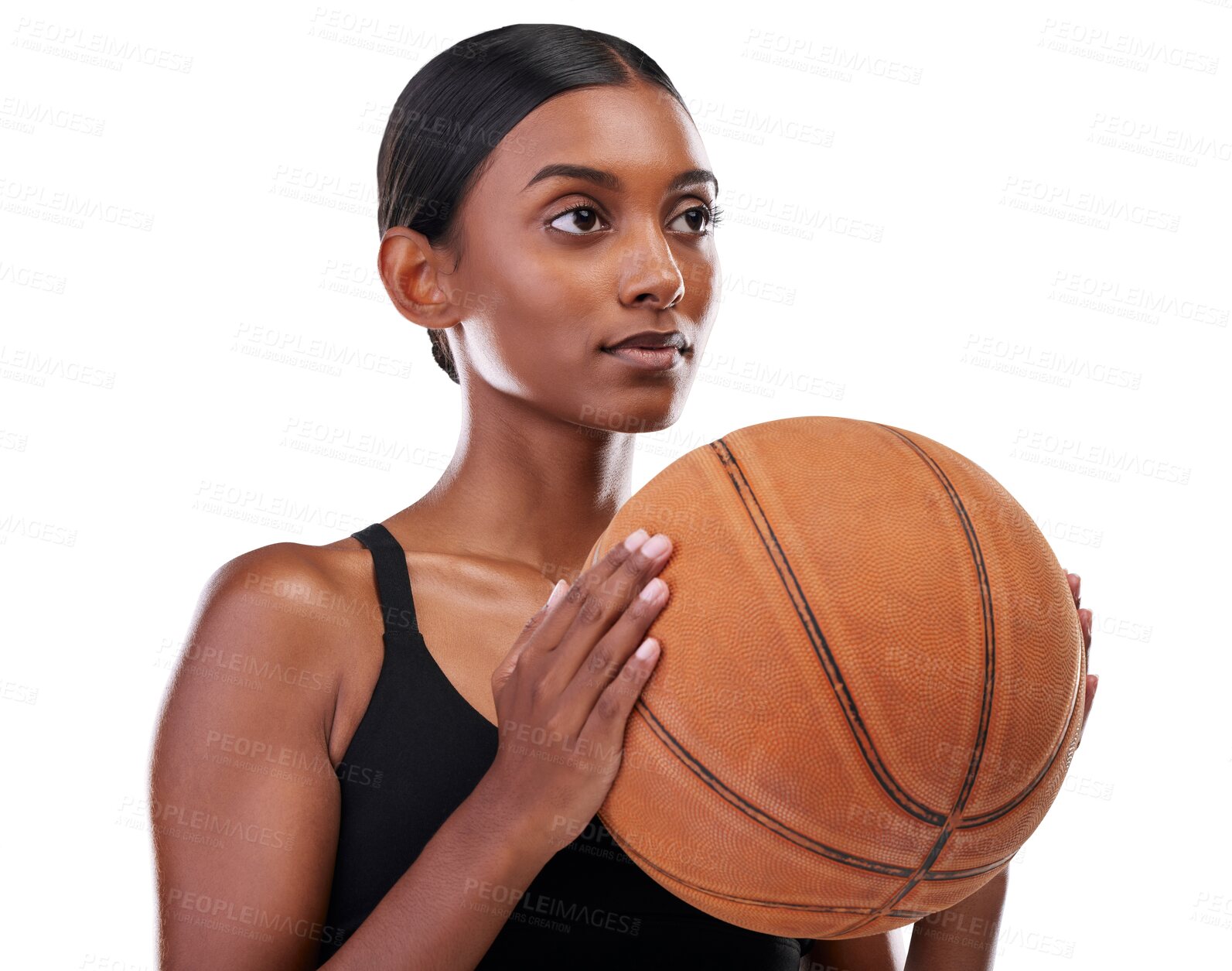 Buy stock photo Fitness, basketball and face of woman with ball, game and training for competition match. Performance, workout and sports, serious girl athlete with confidence isolated on transparent png background.