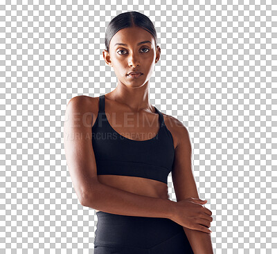 Buy stock photo Fitness, athlete and confidence with portrait of Indian woman for training, workout and wellness. Exercise, diet and gym clothes with active fashion and health isolated on transparent, png background