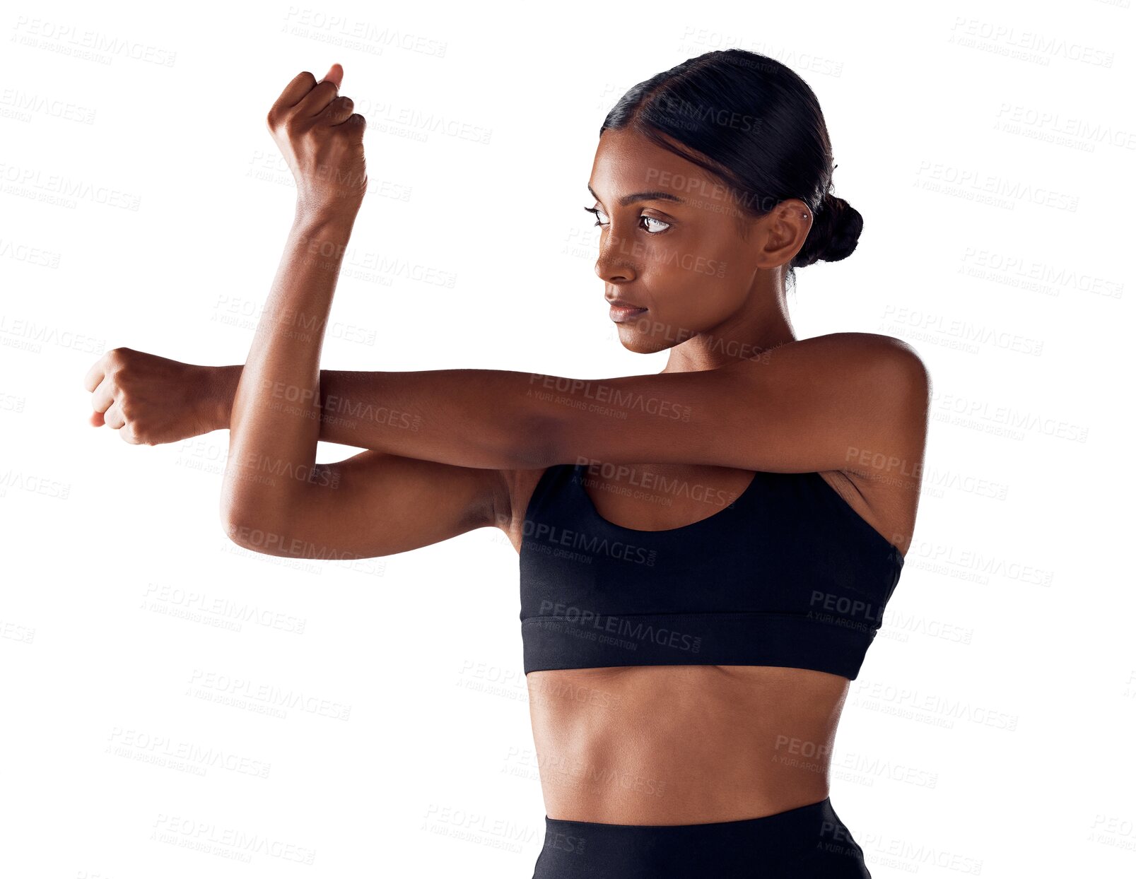 Buy stock photo Fitness, health and woman stretching arms for exercise, wellness and body training. Performance, workout and muscle warm up with girl athlete with commitment isolated on transparent png background.