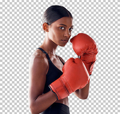 Buy stock photo Boxing, fitness and portrait of woman with gloves for sports exercise, strong muscle and mma training. Fight, boxer workout and serious person for battle on png, isolated and transparent background