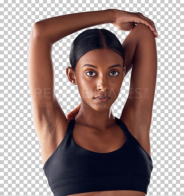 Buy stock photo Fitness, stretching and serious portrait of woman with exercise, wellness and body training. Performance, workout and muscle warm up with confident girl athlete isolated on transparent png background