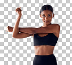 Health, portrait and studio woman stretching for cardio fitness running, marathon training or body healthcare goals. Performance workout start, exercise or athlete warm up isolated on grey background
