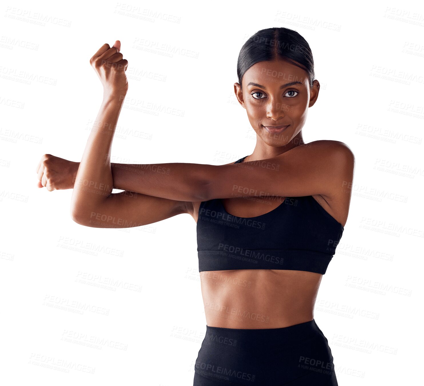 Buy stock photo Fitness, portrait and woman stretching arms for exercise, wellness and body training. Performance, workout and muscle warm up with girl athlete with commitment isolated on transparent png background.