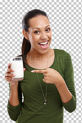Buy stock photo Isolated woman, portrait and glass of milk with pointing, smile or health by transparent png background. Girl, person and happy with drink for calcium, diet or nutrition choice for wellness in Mexico