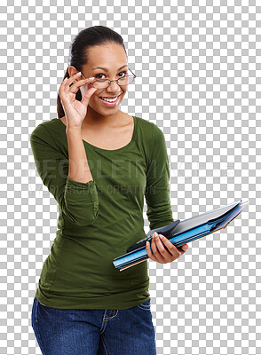 Buy stock photo Woman, employee and portrait of finance professional with smile and ready for working. Happy, confidence and office folder with information for accountant job isolated on transparent png background