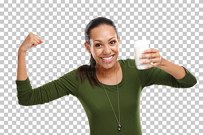 Buy stock photo Isolated woman, portrait and milk with bicep muscle, smile or health by transparent png background. Girl, person and happy with drink for calcium, diet or nutrition choice for strong bones in Mexico