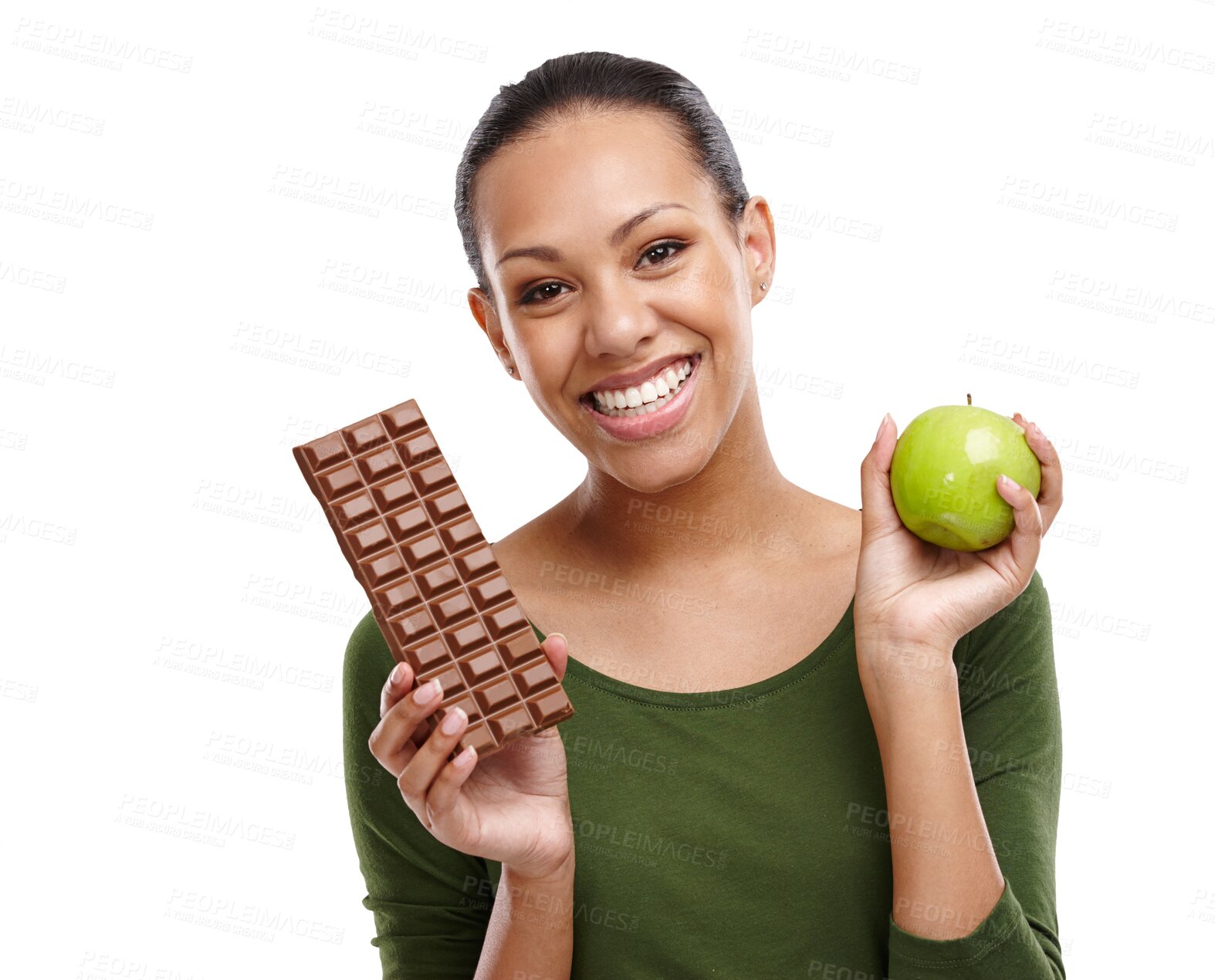 Buy stock photo Chocolate, apple and portrait of happy woman with decision on isolated, png and transparent background. Smile, diet and face of person with fruit and sweet dessert for balance, choice and lose weight