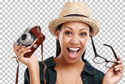 Buy stock photo Excited, portrait and woman with retro camera and glasses for photography, vision and art on png transparent background. Happiness, photographer or influencer with eyewear, lens and creativity